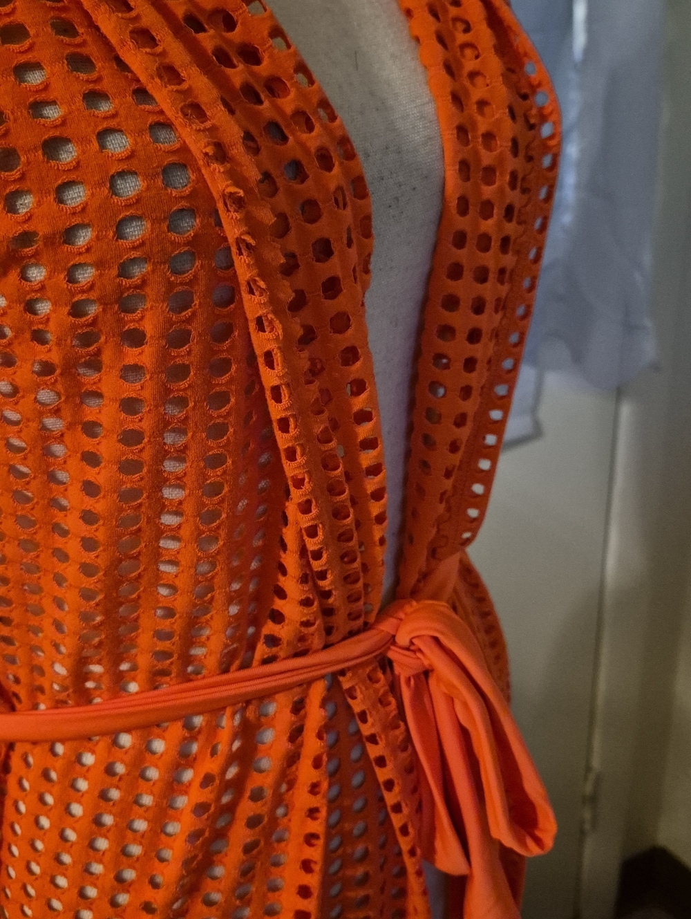 WOXUAN Neon Orange Open Front Eyelet Mesh Hooded Beach Coverup/Duster & Belt - Picture 10 of 10